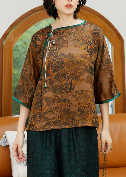 Retro Yellow O-neck Print Patchwork Silk Tops Half Sleeve