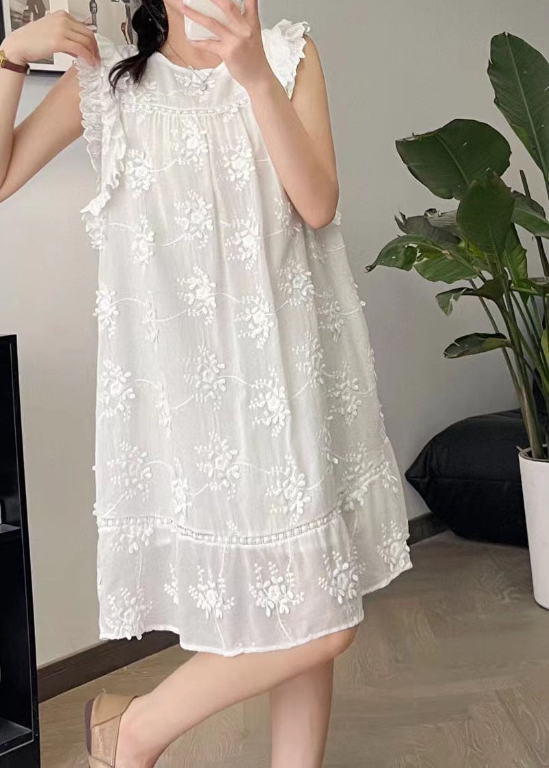 Beige O-neck Embroidered Silk Cotton Mid Dress Summer