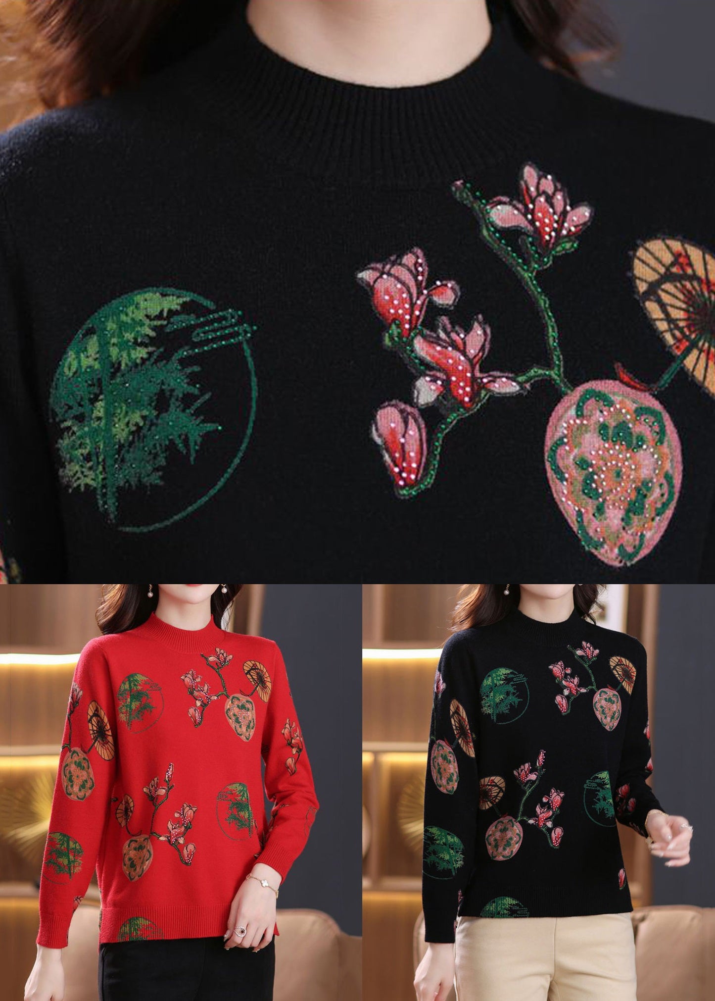 Red Print Cozy Wool Knit Top O-neck Long Sleeve