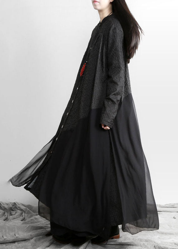 Black Stand Collar Button Patchwork Cotton Loose Coat Fall