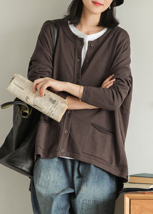 Italian Chocolate Loose Knit Button Pockets Low High Design Fall Sweater Cardigans