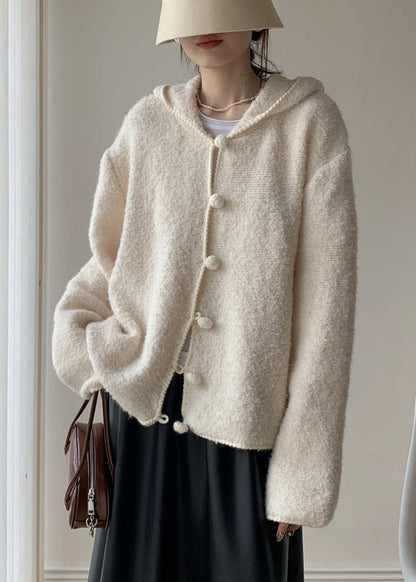 Loose Beige Hooded Button Cotton Knit Coat Winter