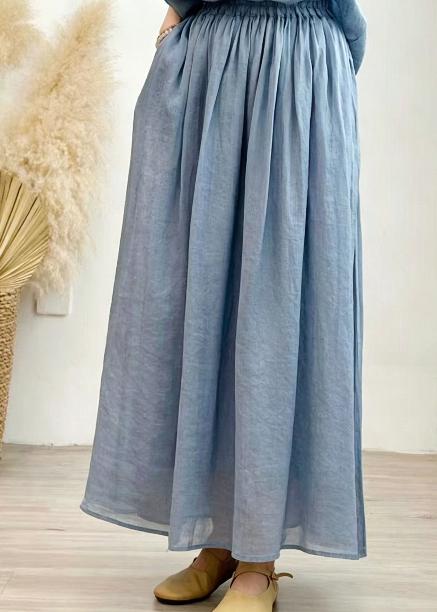 Grass Green Pockets Wrinkled Linen Skirt Summer