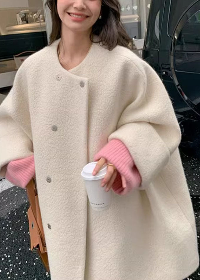 Natural Grey O-neck Button Woolen Mid Coats Fall