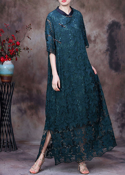 Green Stand Collar Patchwork Side Open Lace Long Dresses Half Sleeve