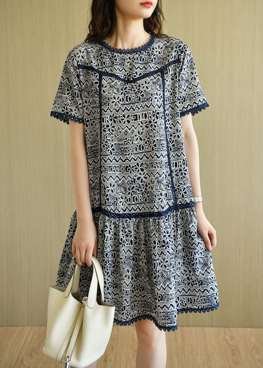 Modern Navy O-neck Print Summer Chiffon Dresses Short Sleeve