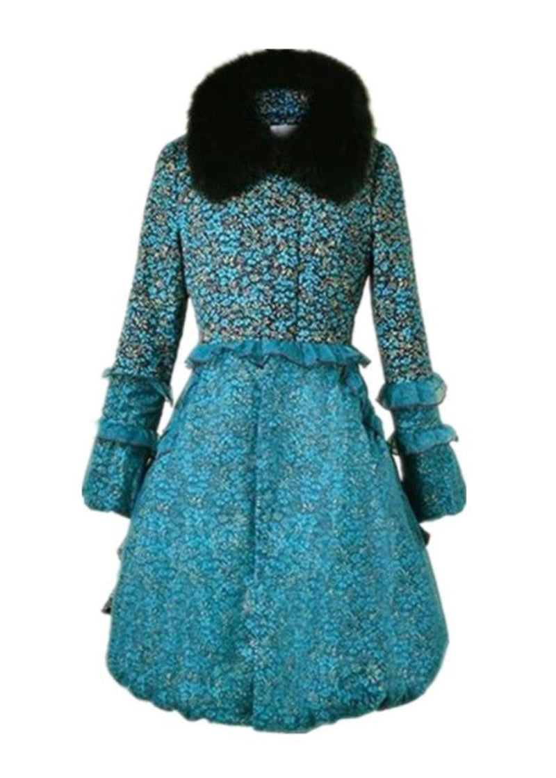 Blue Print Ruffled Patchwork Fine Cotton Filled Coat Winter