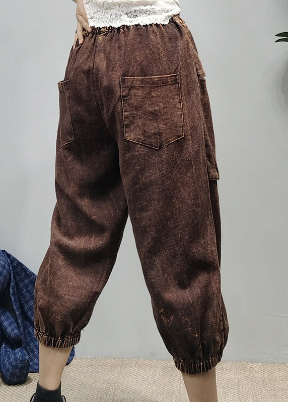 Loose Black Elastic Waist Pockets Linen Pants Spring