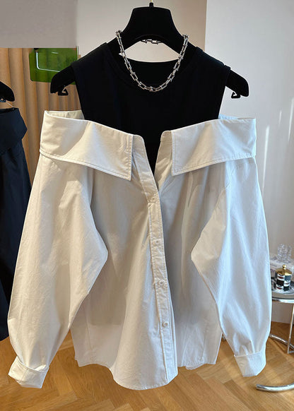 Style Black O-neck Off Shoulder Patchwork Shirts Long Sleeve