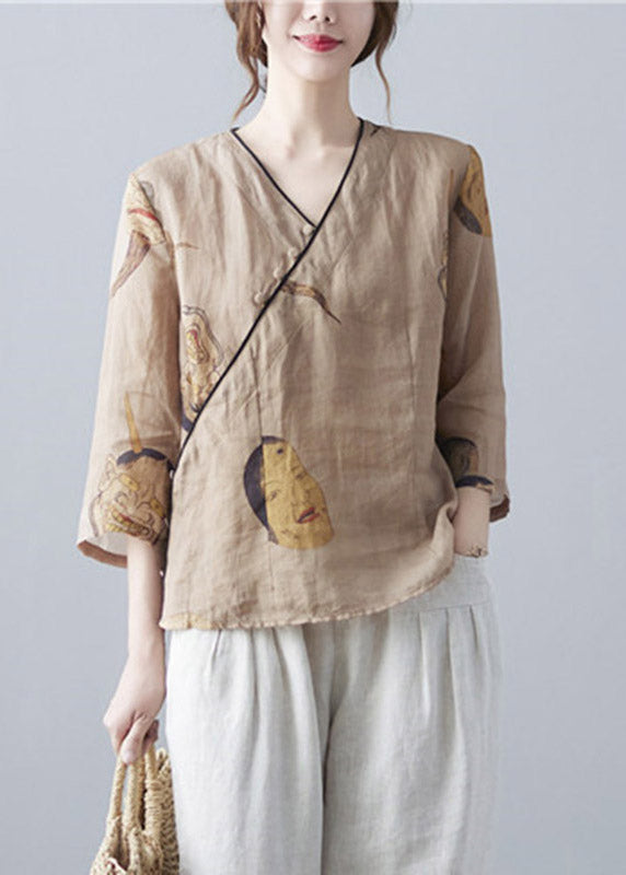 Organic Brown V Neck Print Button Top Three Quarter Sleeve