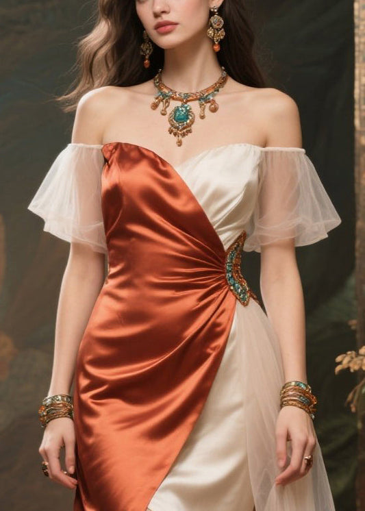 Colorblock Backless Patchwork Side Open Silk Dinner Dress Summer