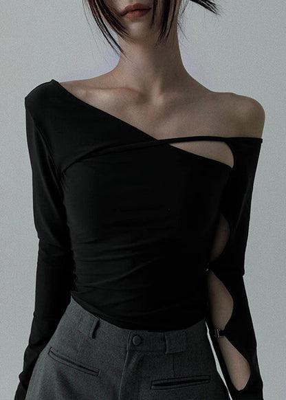Black Asymmetrical Hollow Out Cotton Dance T Shirt Spring