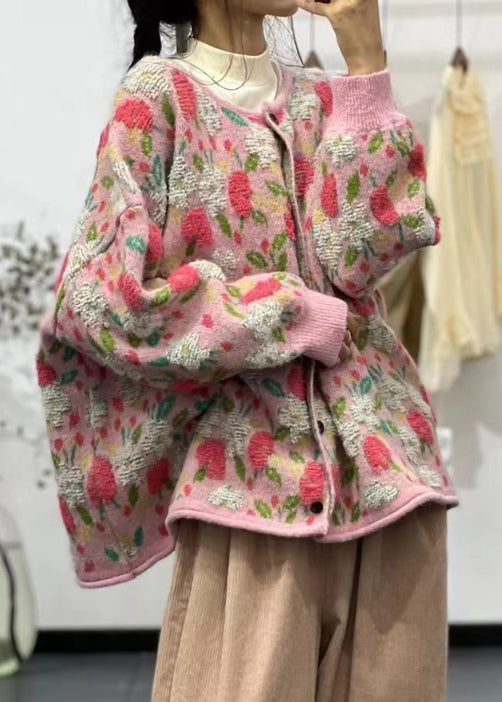 Pink O Neck Button Jacquard Cozy Knit Cardigan Fall