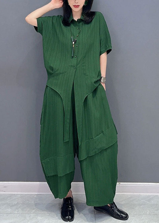 Natural Green Peter Pan Collar Patchwork Tops and Pants Cotton Two Pieces Set Spring