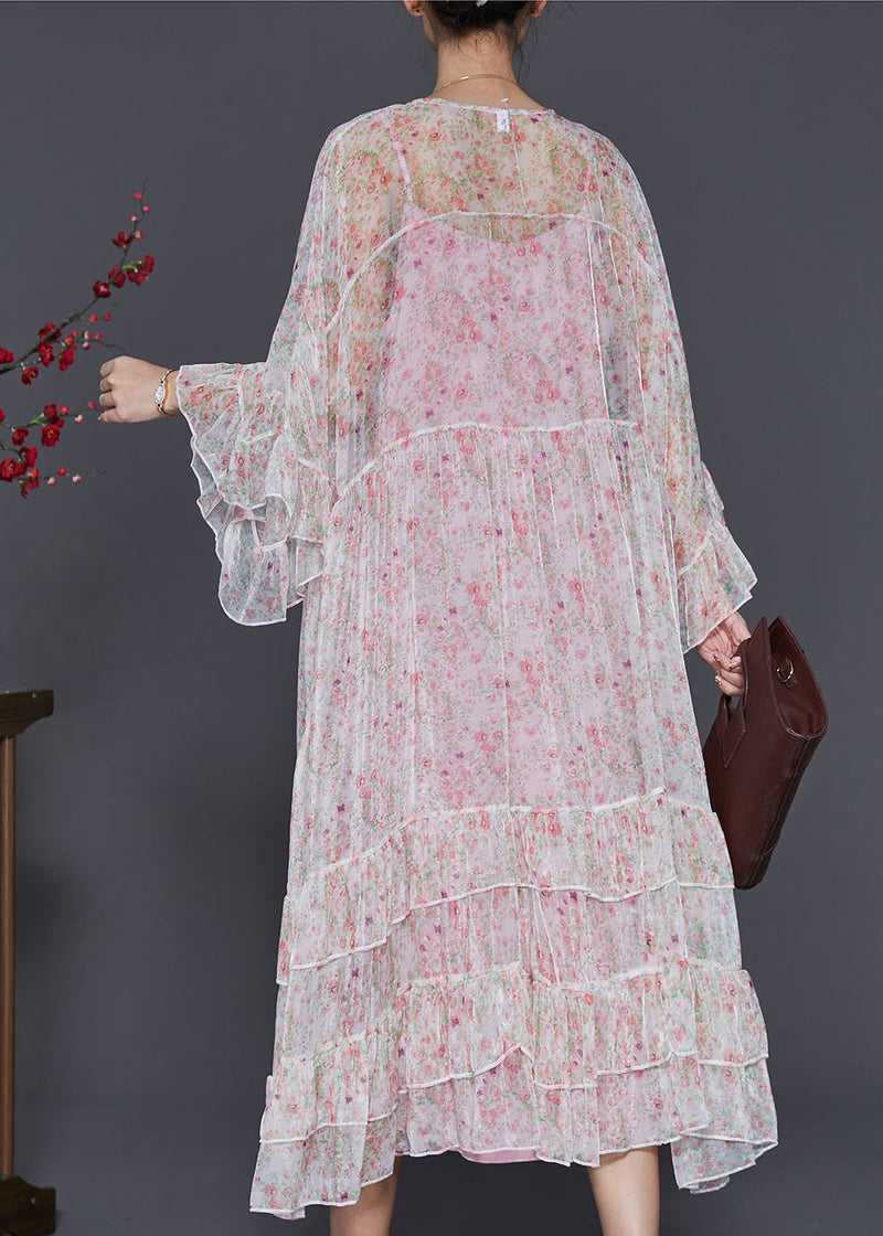 White Oversized Patchwork Chiffon Beach Dress Flare Sleeve