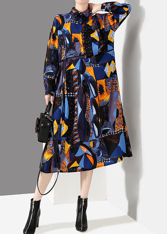 Italian Blue Button Tie Waist Peter Pan Collar Print Shirt Dresses Spring
