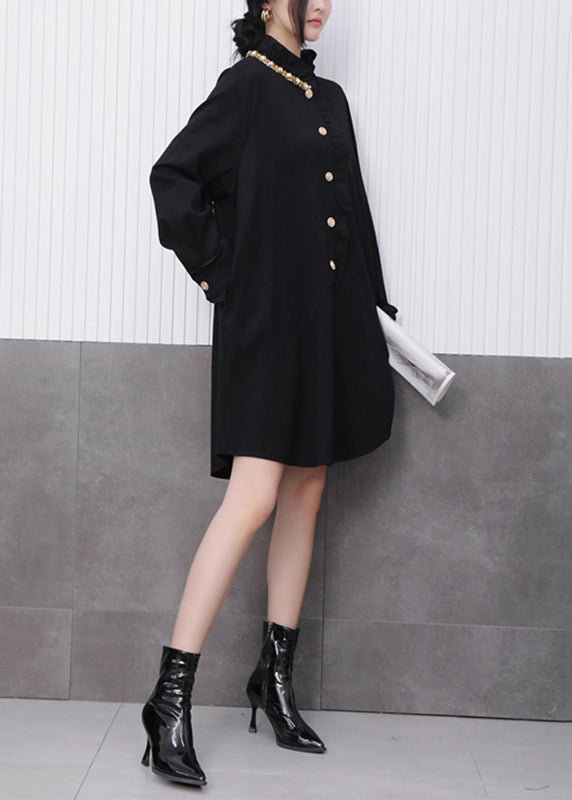 Chinese Style Black Stand Collar Mid Dress Fall