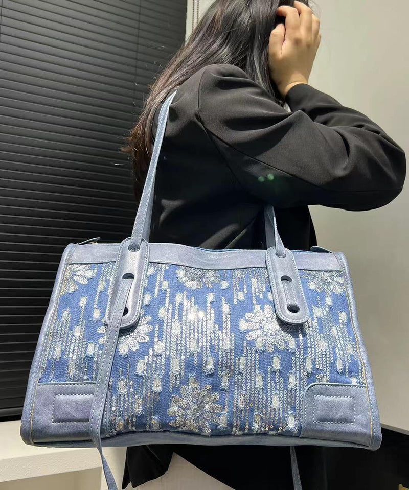 Blue Sequins Patchwork Denim Shoulder Bags