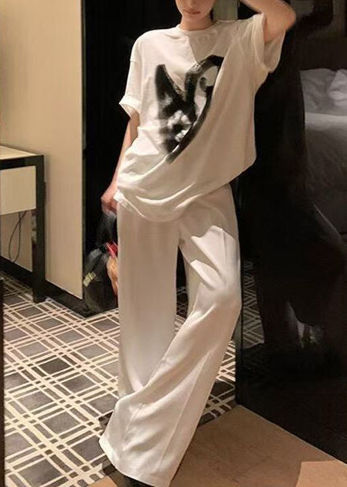 White Oversized Print Cotton Two Pieces Set Summer
