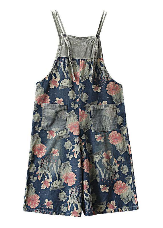 French Dark Color Print Patchwork Pockets Denim Outfits Rompers