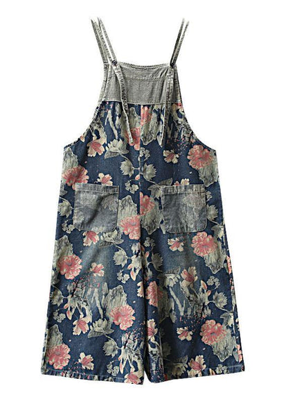 French Dark Color Print Patchwork Pockets Denim Outfits Rompers