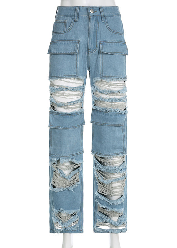 Blue Pockets Patchwork Ripped Jeans Summer
