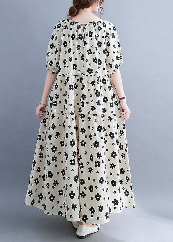 White O-neck Wrinkled Print Beach Dress Short Sleeve