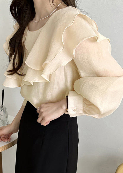 Art Beige Original Design Layered Cotton Blouses Fall