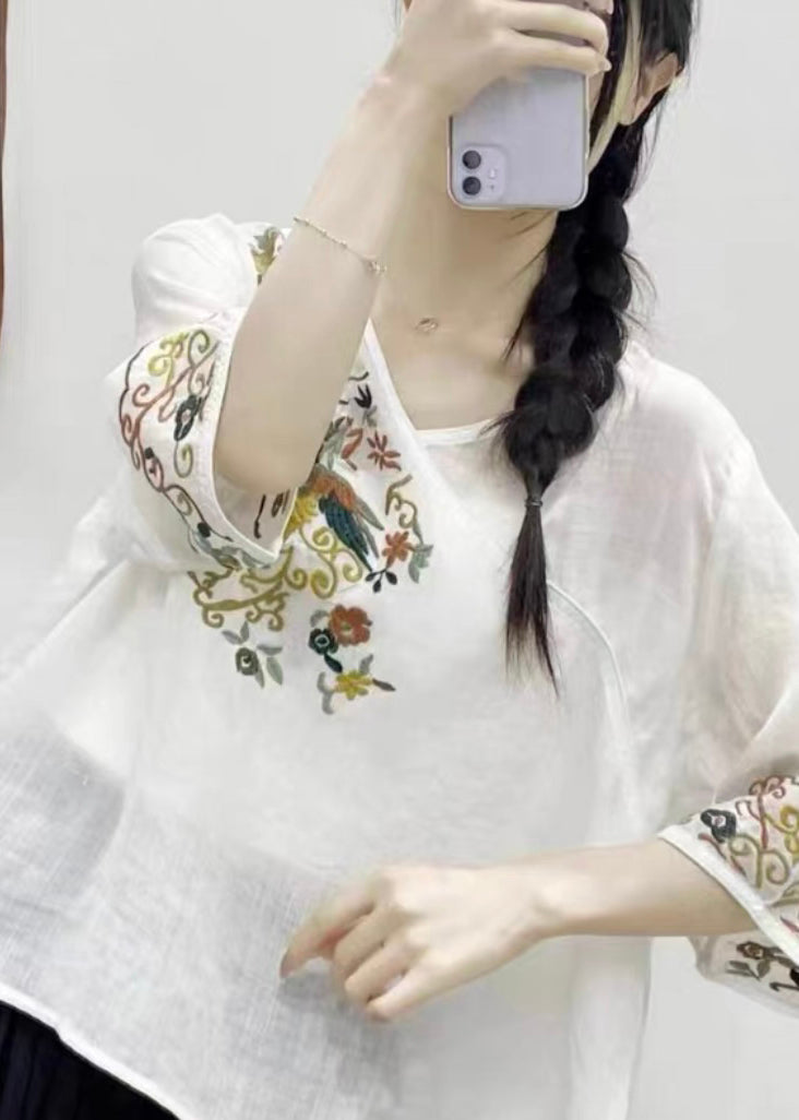 Oose Black V Neck Embroideried Patchwork Linen Top Half Sleeve