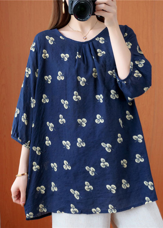 Navy O-neck Print Wrinkled Fall Half Sleeve Top