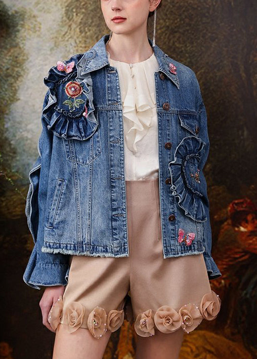 French Blue Embroideried Ruffled Patchwork Denim Coats Spring