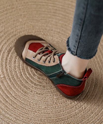 Red Cowhide Leather Splicing Lace Up Boots