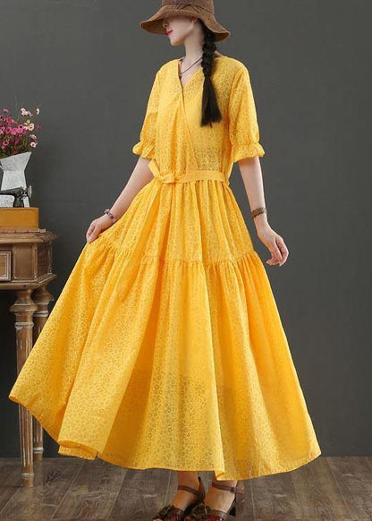 Yellow Short Sleeve a Line Summer Cotton Dress