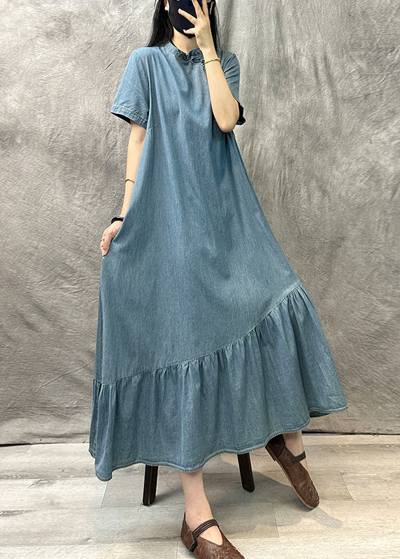 Light Blue Stand Collar Patchwork Denim Dress Summer