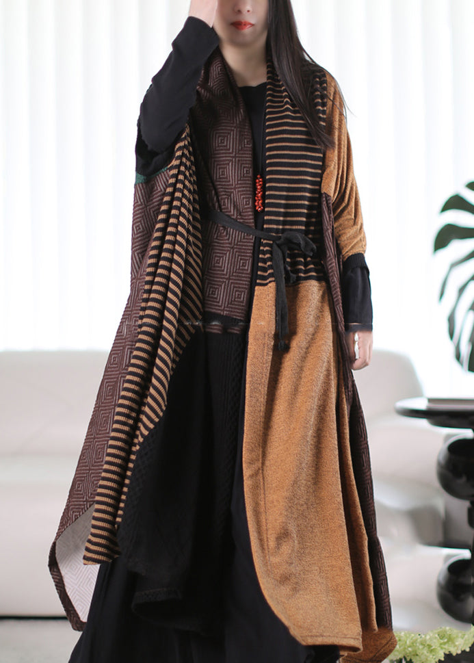Yellow Asymmetrical Design Patchwork Maxi Trench Coats Winter