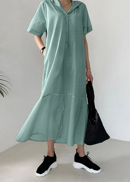 Beige Patchwork Button Hoded Long Shirt Dress Short Sleeve