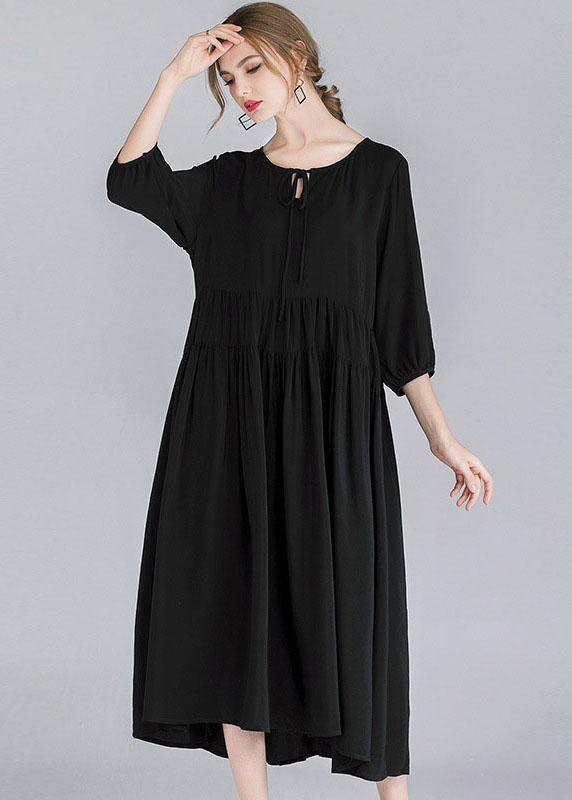 French Black Patchwork Spring Three Quarter Sleeve Long Dresses