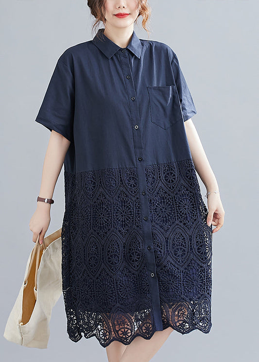 Navy Peter Pan Collar Button Lace Patchwork Hollow Out Shirt Dress Short Sleeve