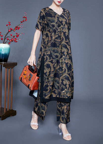 Black V Neck Side Open Print Silk Two Pieces Set Summer