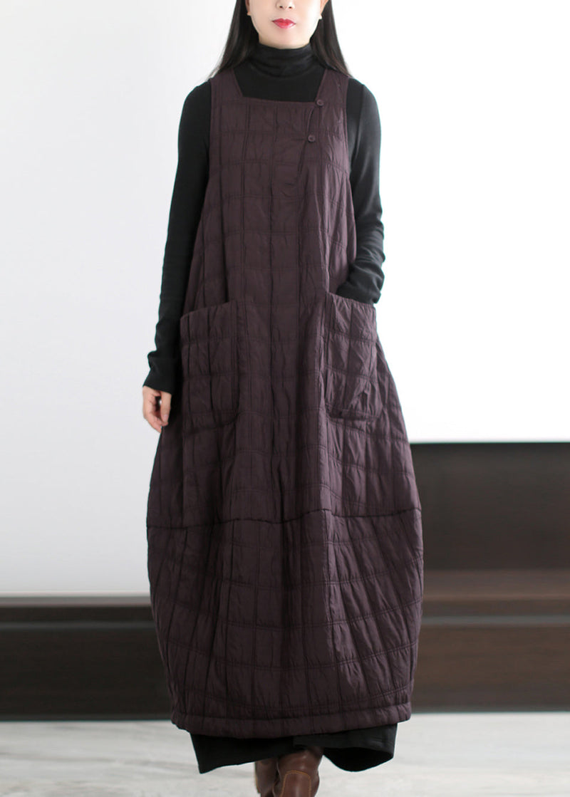 Coffee Oversized Pockets Fine Cotton Filled Long Dress Winter