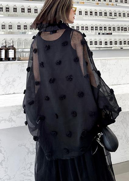Black Simple Button Cinched Two Piece Set Clothing Chiffon Top