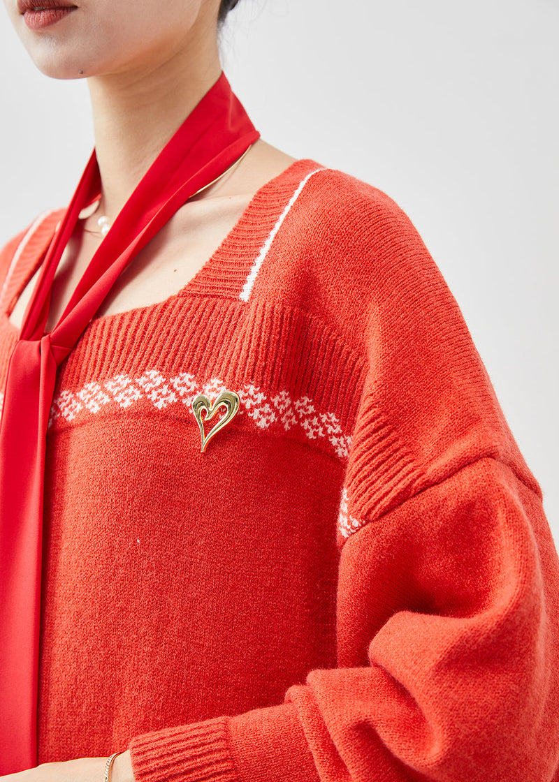 Brick Red Square Collar Patchwork Knitwear Dress Spring