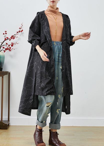 Black Asymmetrical Print Drawstring Spandex Trench Coats Fall