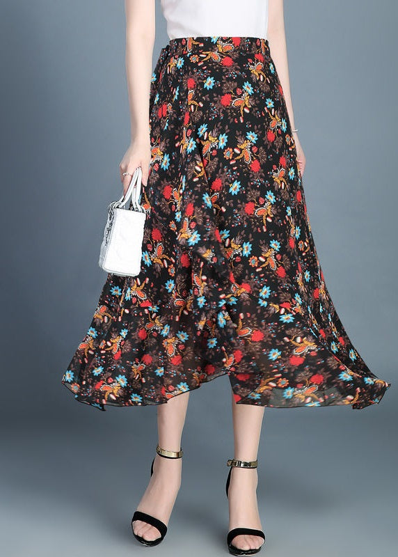 Yellow Asymmetrical Ruffles Dotted Daisy Print Chiffon Skirts Summer