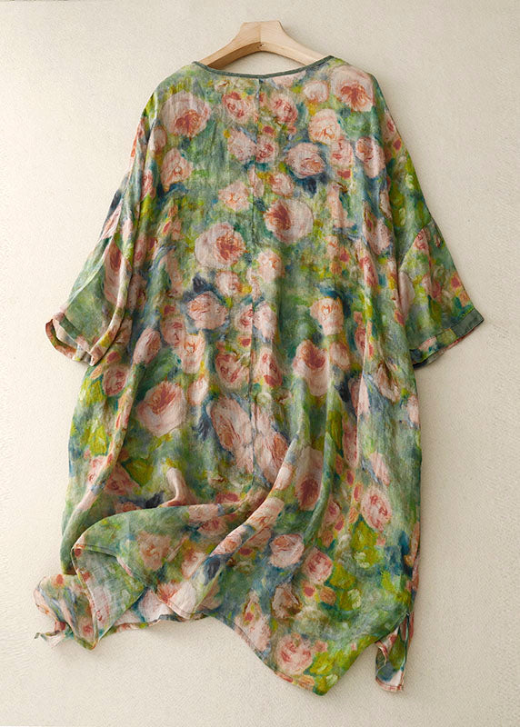 Green O Neck Print Patchwork Linen Mid Dress Bracelet Sleeve Summer