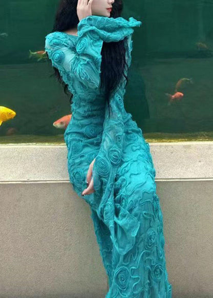 Green O-neck Tulle Maxi Dress Spring