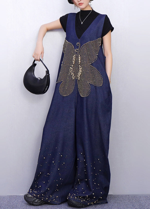 Sparkling Insect Motif Navy Denim Jumpsuits Urban Stance