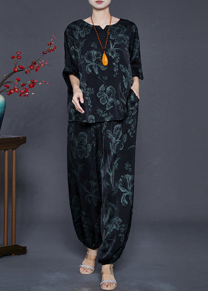Black Oversized Lily Print Silk Two Pieces Set Summer