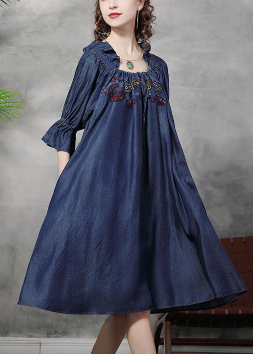 Italian Denim Blue Ruffled Embroideried Cotton a Line Dress Half Sleeve