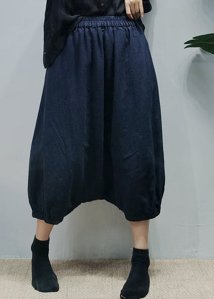 Navy Elastic Waist Linen Harem Pants Spring